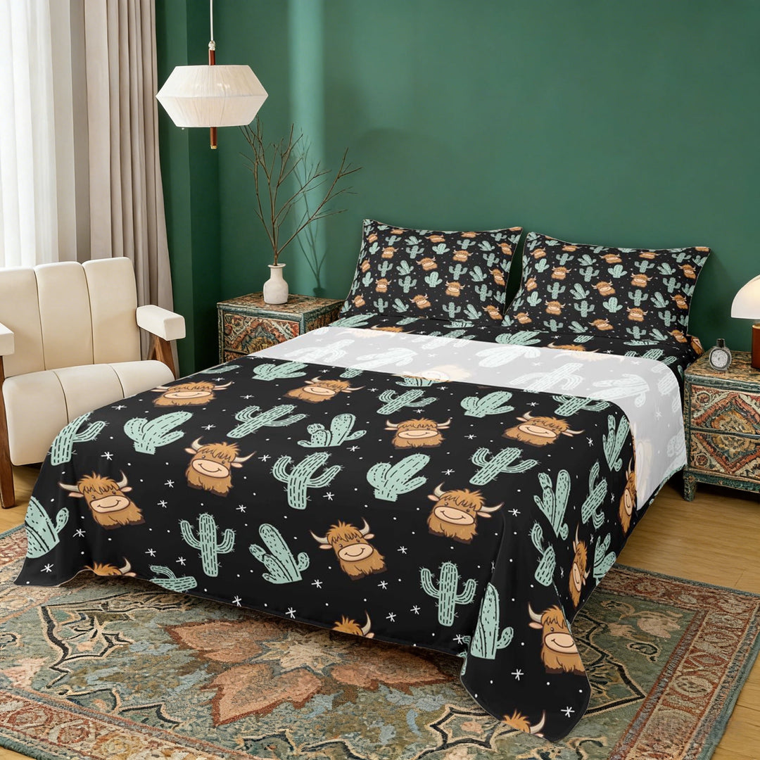 Erosebridal Cute Highland Cow Full Size Sheets for Kids, Rustic Lodge Cabin Bed Sheets, 4-Piece 1 Flat Sheet, 1 Fitted Sheet and 2 Pillowcases