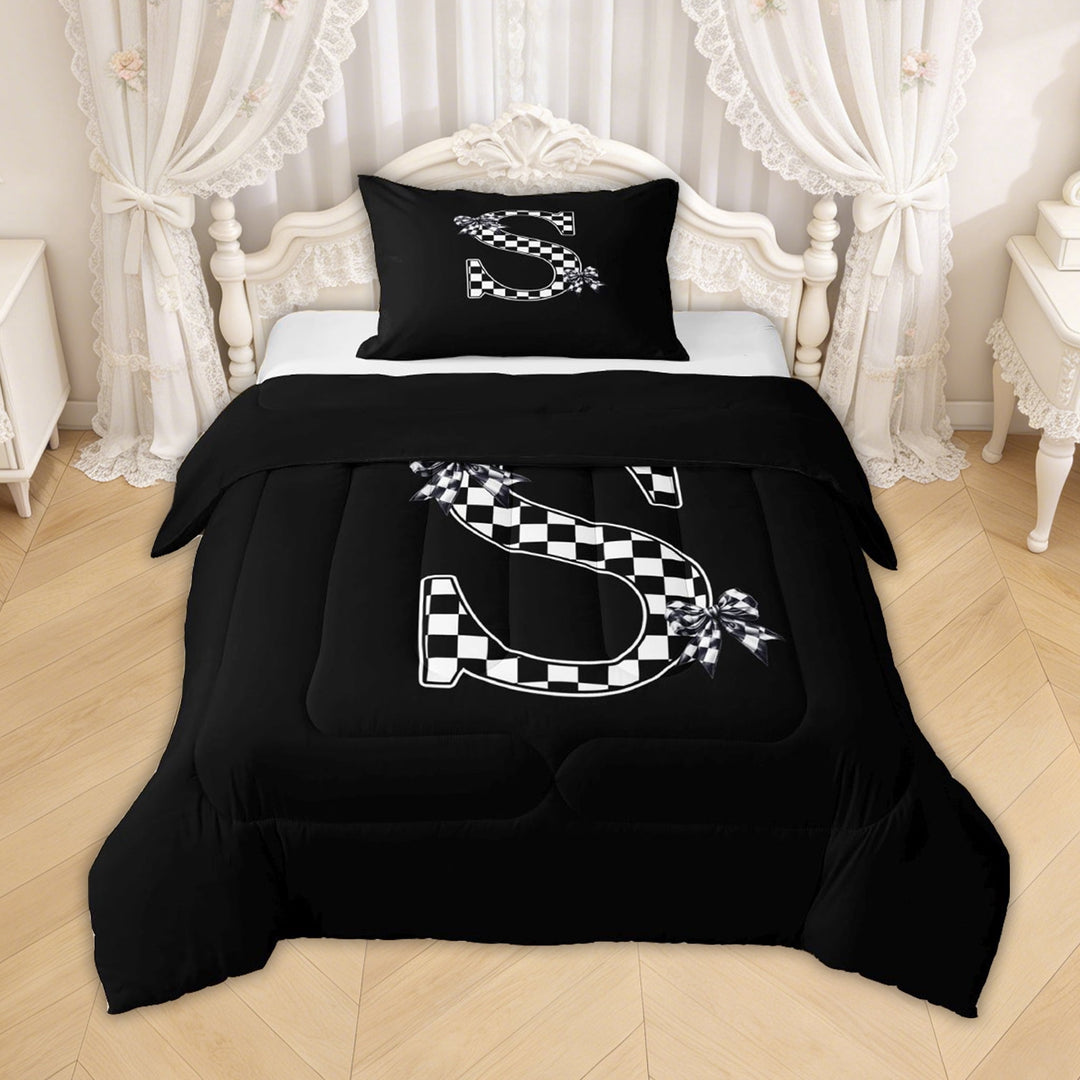 Erosebridal Checkered Bow Letter S Twin Comforter Sets for Girls, Black White Ribbon Bedding Set, Black Reversible, 2 Pieces