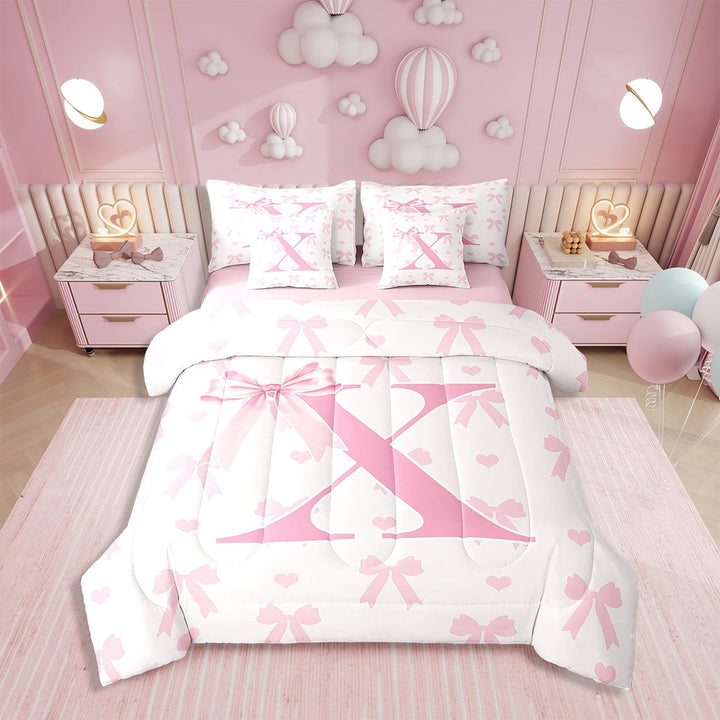 Pink Bow Comforter Set Twin,Initial Letter X Chic Romantic Bedding Set,Princess Style Bowknot Love Hearts Girly Fairy Bed Set 7 Pieces(Comforter+Fitted+Flat Sheet+Pillowcase+Pillow Cover)