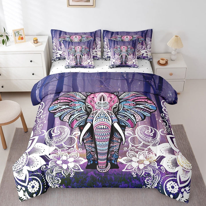 Erosebridal Boho Elephant Comforter Set Queen 7 Piece,Tribal Exotic Bohemian Floral Bedding Set With Sheet Set,Hippie Mandala Animal Bed In A Bag For Adults Men Women Bedroom Decor