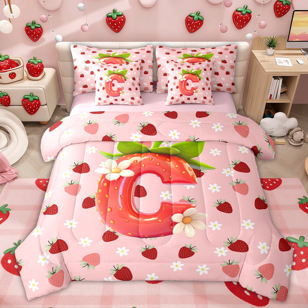 Erosebridal Flower Strawberry Twin Bedding Sets for Girls, Cartoon C Letter Bedding Comforter Set, Pink Reversible, 7 Pieces