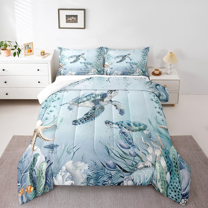 Sea Turtle Comforter Set Teal Blue Ocean Beach Coastal Bedding Comforter Sets Full,Starfish Octopus Tentacles Quilt Underwater Creature Coral Duvet Insert,Kawaii Fish Room Decor