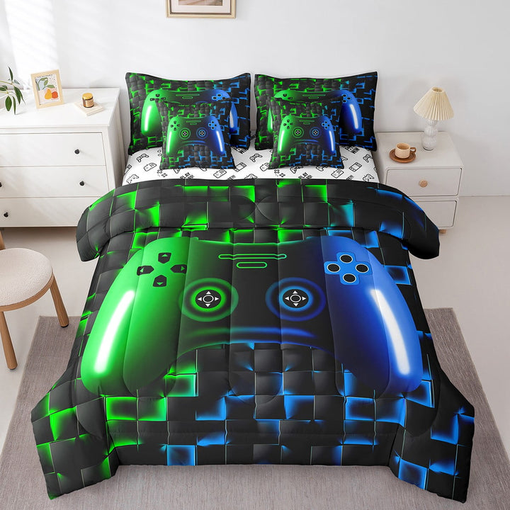 Gaming Comforter Set 7 Piece Twin Size Bedding Sets 3D Gamer Geometric Bed In A Bag,Game Console Lightweight Bed Set,Neon Green Blue Black Glowing