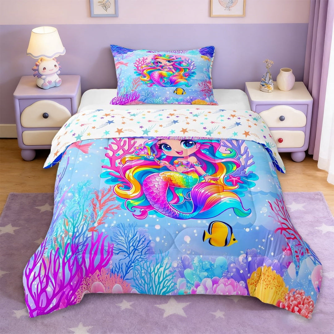 Erosebridal Watercolor Cartoon Mermaid Twin Comforter Sets,Ocean Animals Bedding Set For Girls Kids, Reversible 2-Piece