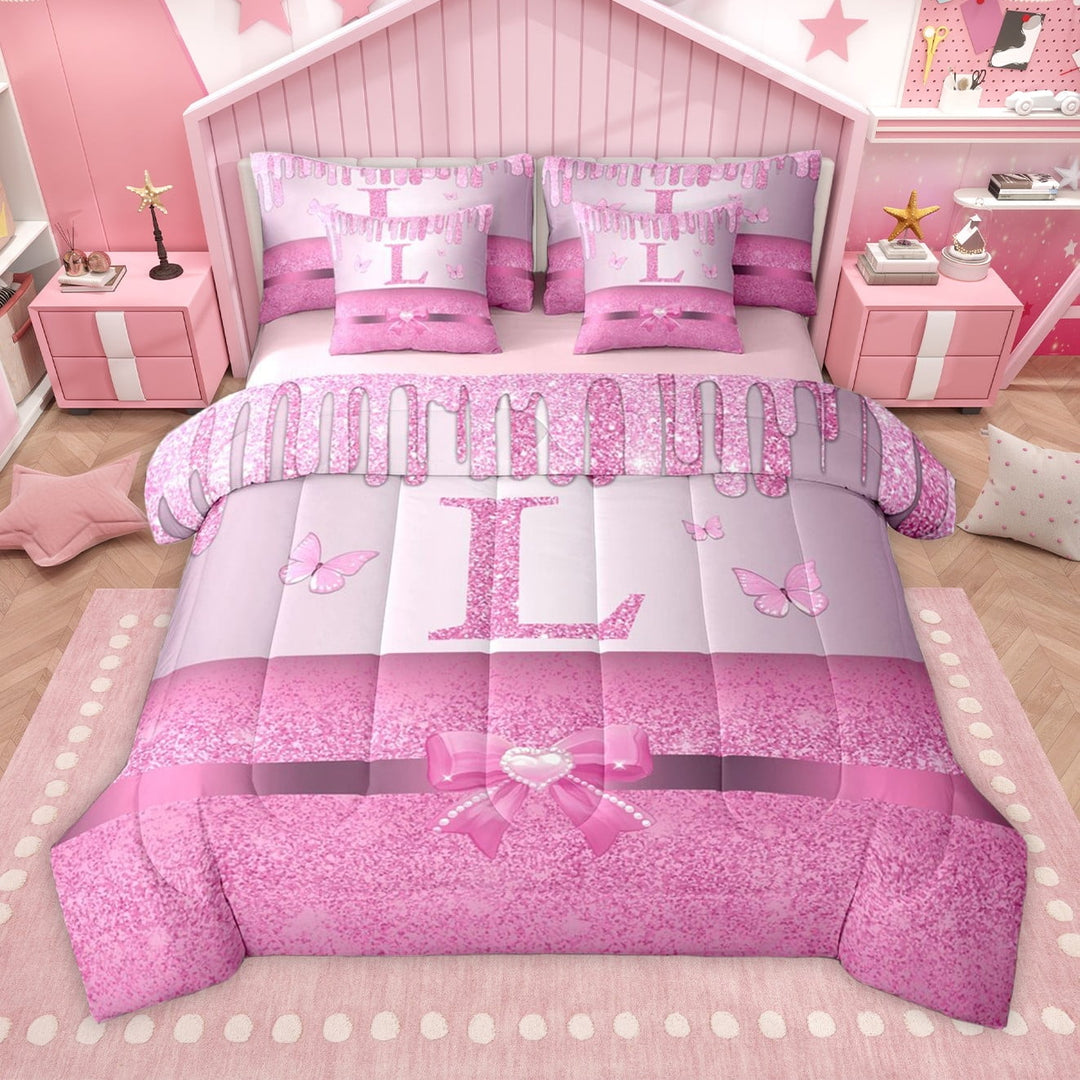 Manfei Kawaii Bowknot Alphabet L 7 Pieces Bedding Comforter Set for Female Women Teens,Bling Glitter Splash Full Bedding Set Lightweight,Flying Butterfly Fitted Sheet Flat Sheet