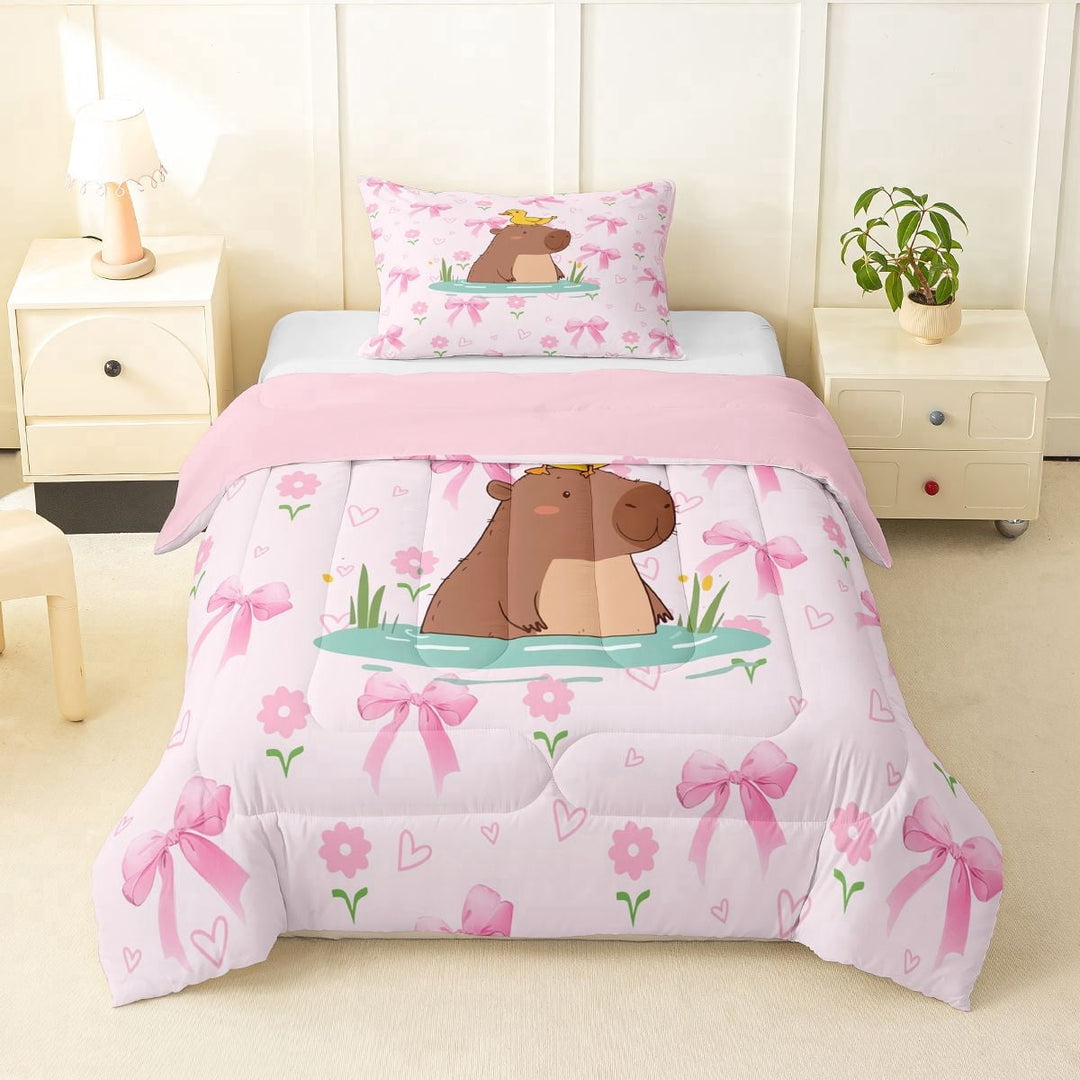 Erosebridal Cute Capybara Duck Twin Comforter Sets 3-Piece For Teens,Dreamy Bow Flowers Bedding Set For Kids Boy Girls,Pink Reversible