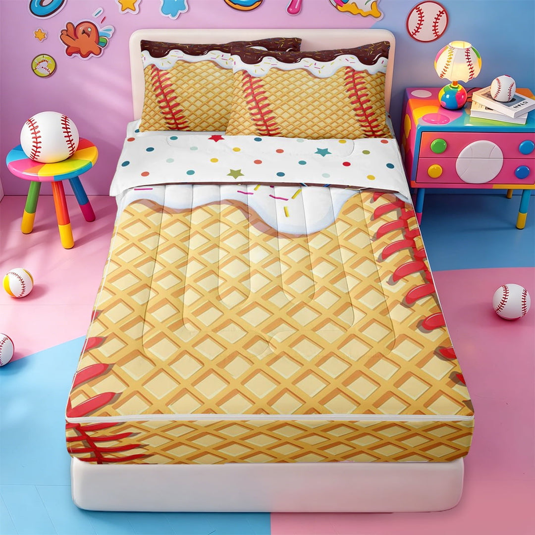 meiyoeat Abstract Ice Cream Baseball Zipper Twin Comforter Sets with Fitted Sheet and 2 Pillowcases For Boys,Kids Ball Games Theme Zipper Bedding Set,Polkadot Reversible,4 Pieces