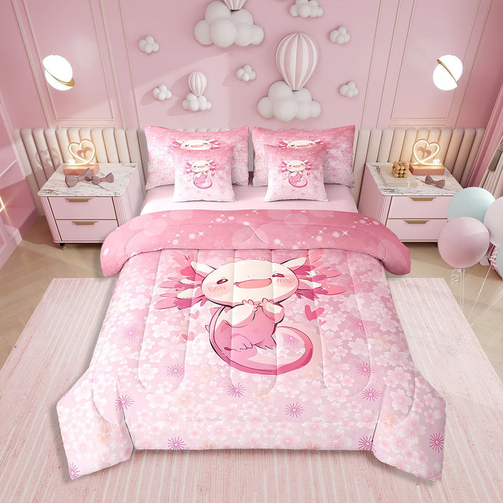 Erosebridal Cartoon Axolotl Comforter Set with Sheets Cute Pink Salamander 7 Piece Bedding Set Ocean Animals Bed in a Bag Pink Cherry Blossom Bed Set Twin Size