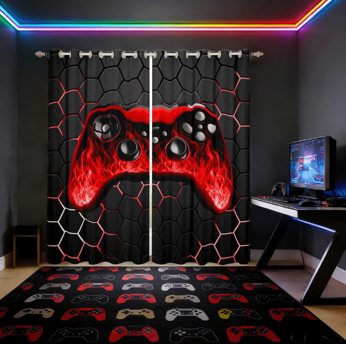 Manfei Gamepad Curtains for Living Room,Modern Geometric Honeycomb Blackout Curtains Set of 2 (38x45),Neon Red Black Curtains and Drapes (38x45) For Boys Kids,Super Cozy Bedroom Decor