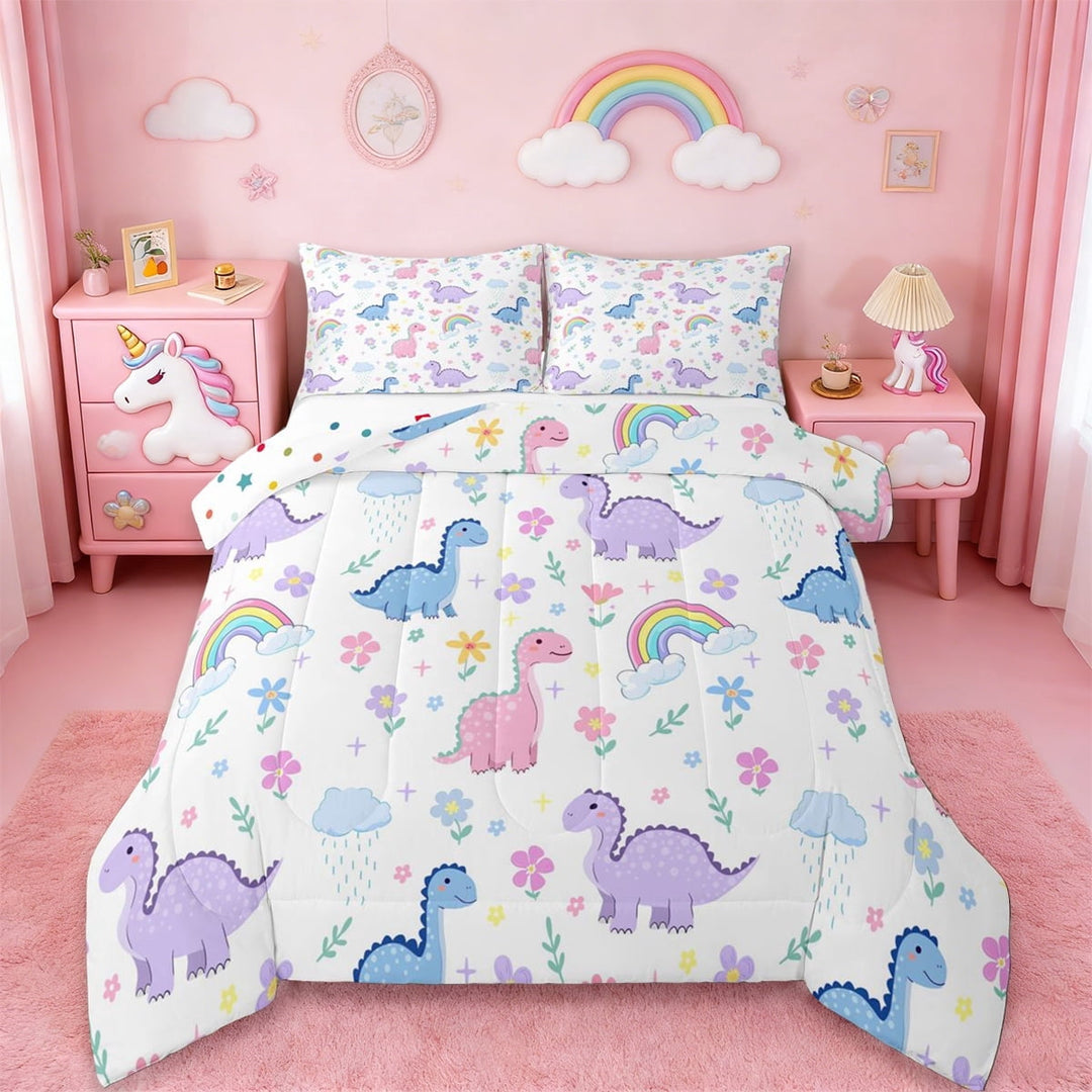 Erosebridal Cute Jungle Dinosaur Full Size Comforter Sets For Girls,Colorful Safari Lovely Cute Animals Bedding Sets For Dino Lovers, Reversible 3 Pieces