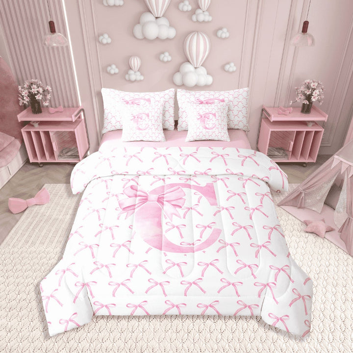 Erosebridal Monogrammed Bow Tie Bedding Sets Twin Size,Dreamy Princess Comforter Sets with Sheets,Letter Bedroom Decor,Reversible,7pcs