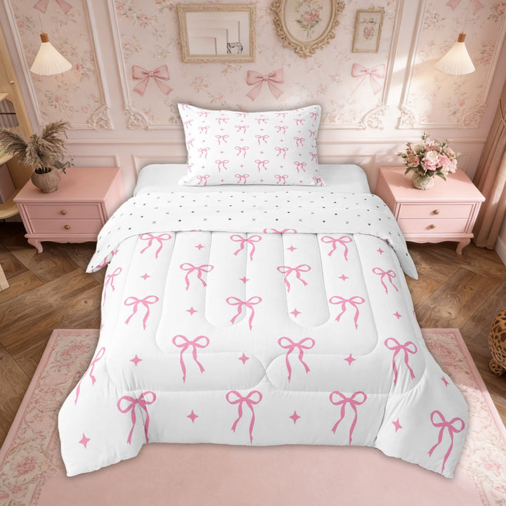 Erosebridal Cute Bowknot Kids Twin Comforter Sets, Pink Butterfly Knot Bedding Set, 2-Piece