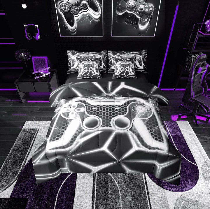 Erosebridal Video Game Bedding Sets Twin Size,Grey Neon Comforter Sets with Sheets,Geometric Honeycomb Bed in a Bag Twin size,Lightweight Gamepads Bedroom Decorative,Reversible,7pcs