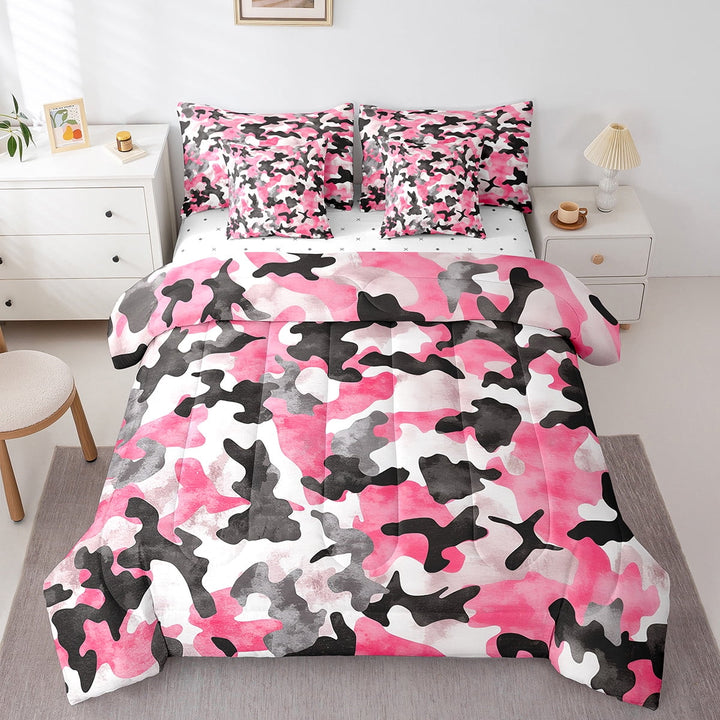 Pink Camo Twin Bedding Set With Sheets Pink Grey Black Abstract Bed In A Bag 7 Piece Camouflage Comforter Set Teen Adults Reversible Watercolor Camo Sheet Set