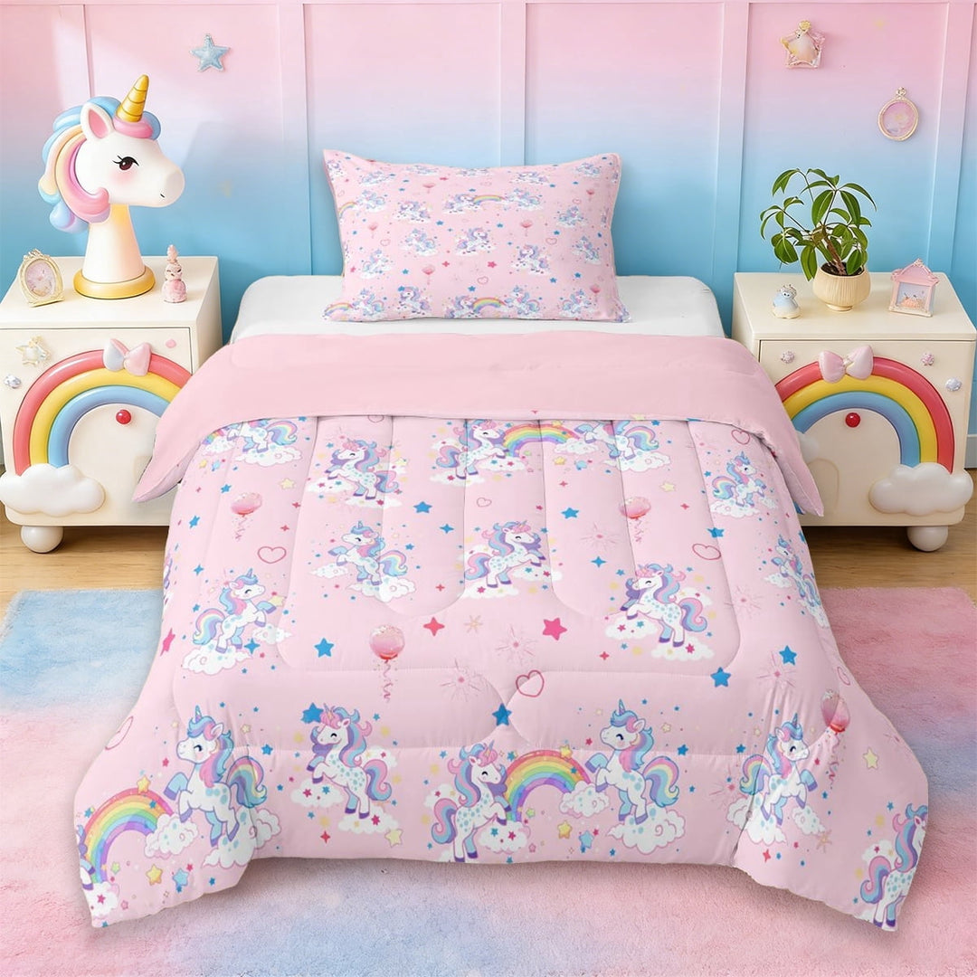 Erosebridal Kawaii Unicorn Kids Twin Comforter Sets,Pink Loves Balloon Blue Stars Print Bedding Set For Girls,Reversible Pink 2-Piece