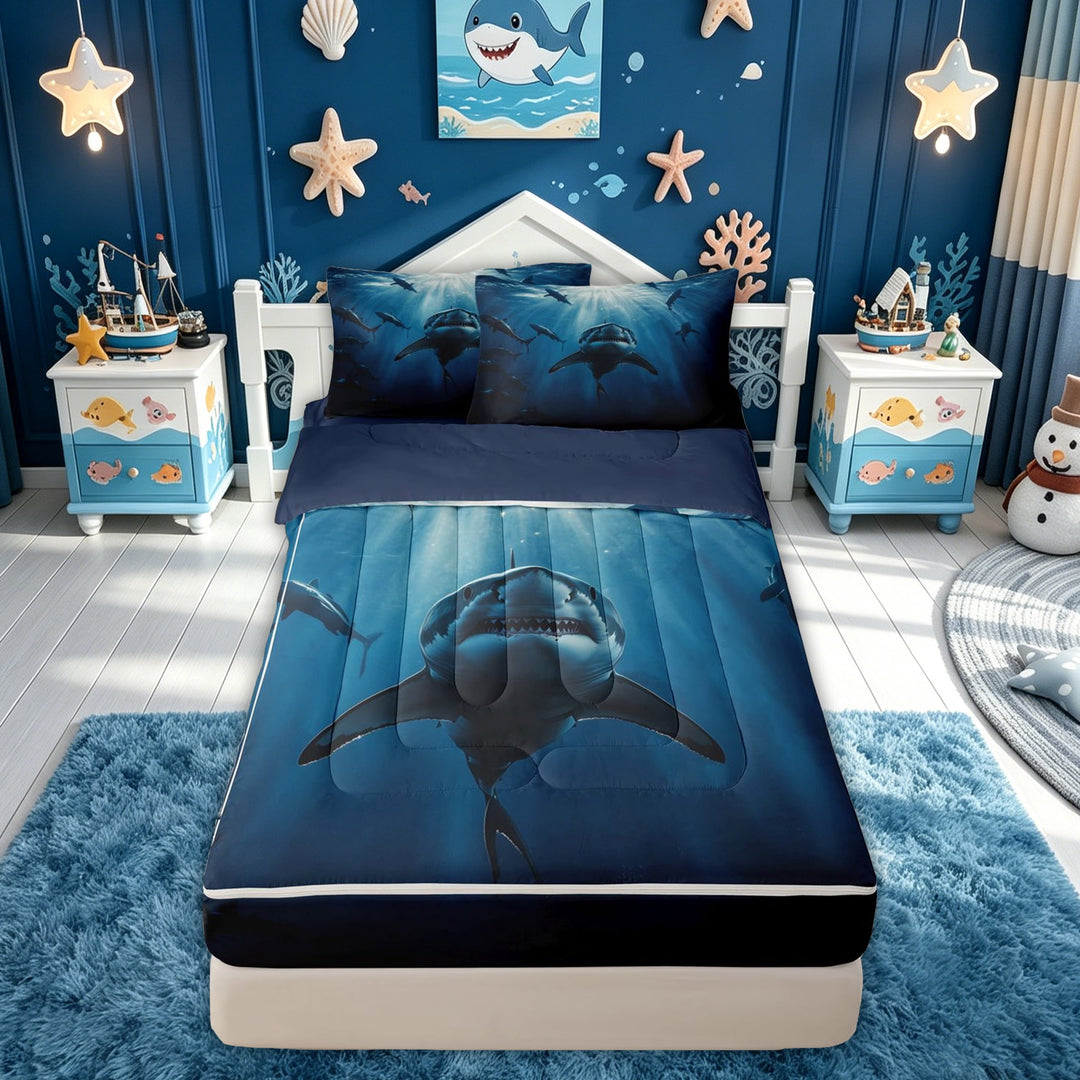 meiyoeat Undersea Shark Zipper Comforter Set with Fitted Sheet and 2 Pillowcases for Men Boys, Ocean Animal Zipper Bedding Set, Dark Blue, Blue Reversible, 3-Piece