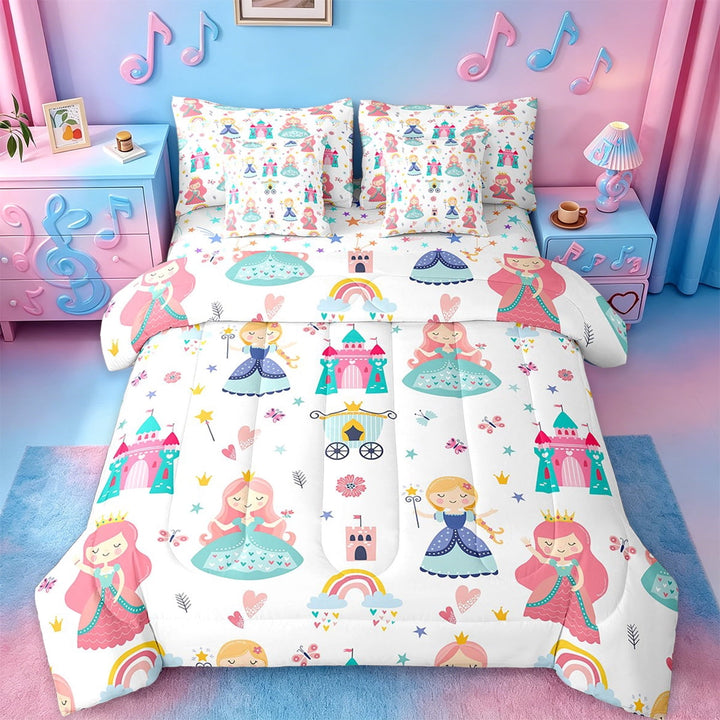 Erosebridal Kawaii Girl Bed in a Bag Twin Size,Rainbow Castle Floral Bed Set,White Fairy Tale Bedding Twin Size,Breathable Room Decoration Reversible,7 Pieces