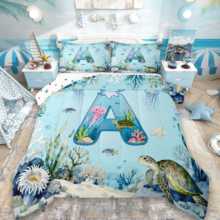 Erosebridal Letter A Monogrammed Full Size Comforter Sets,Cute Axolotl Sea Animal Turtle Bedding Sets For Kids Boys,Reversible 3-Piece