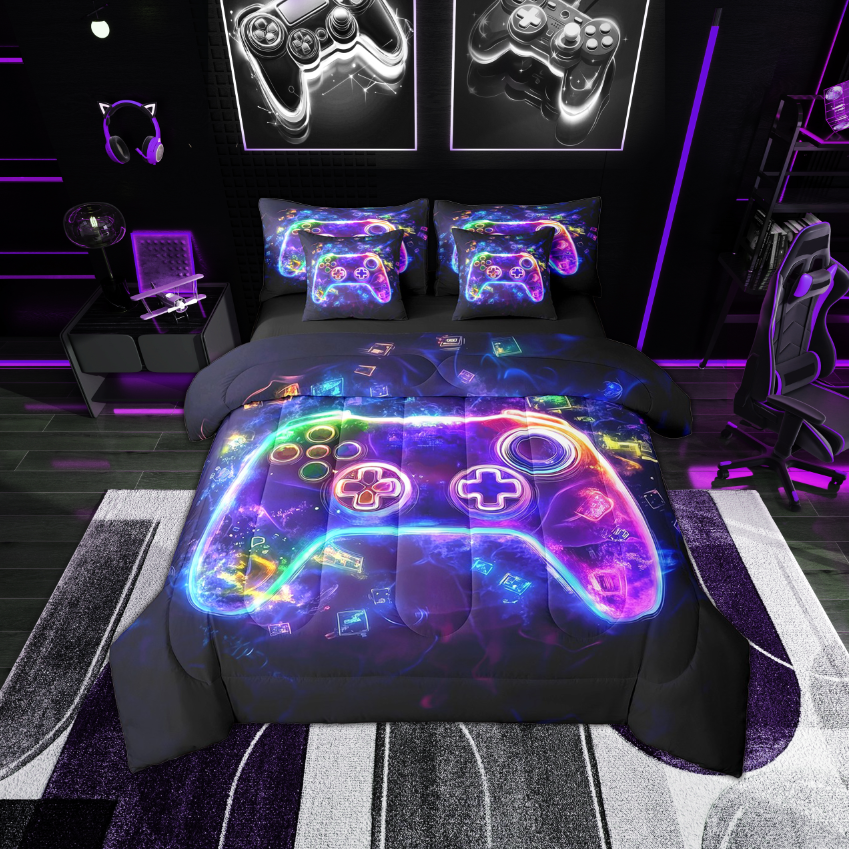 Erosebridal Teen Gamepads Bedding Sets Twin Size,Blue Purple Comforter Sets with Sheets,Video Game Bed in a Bag Twin size,Breathable Gamer Bedroom Decorative,Reversible,7-Piece