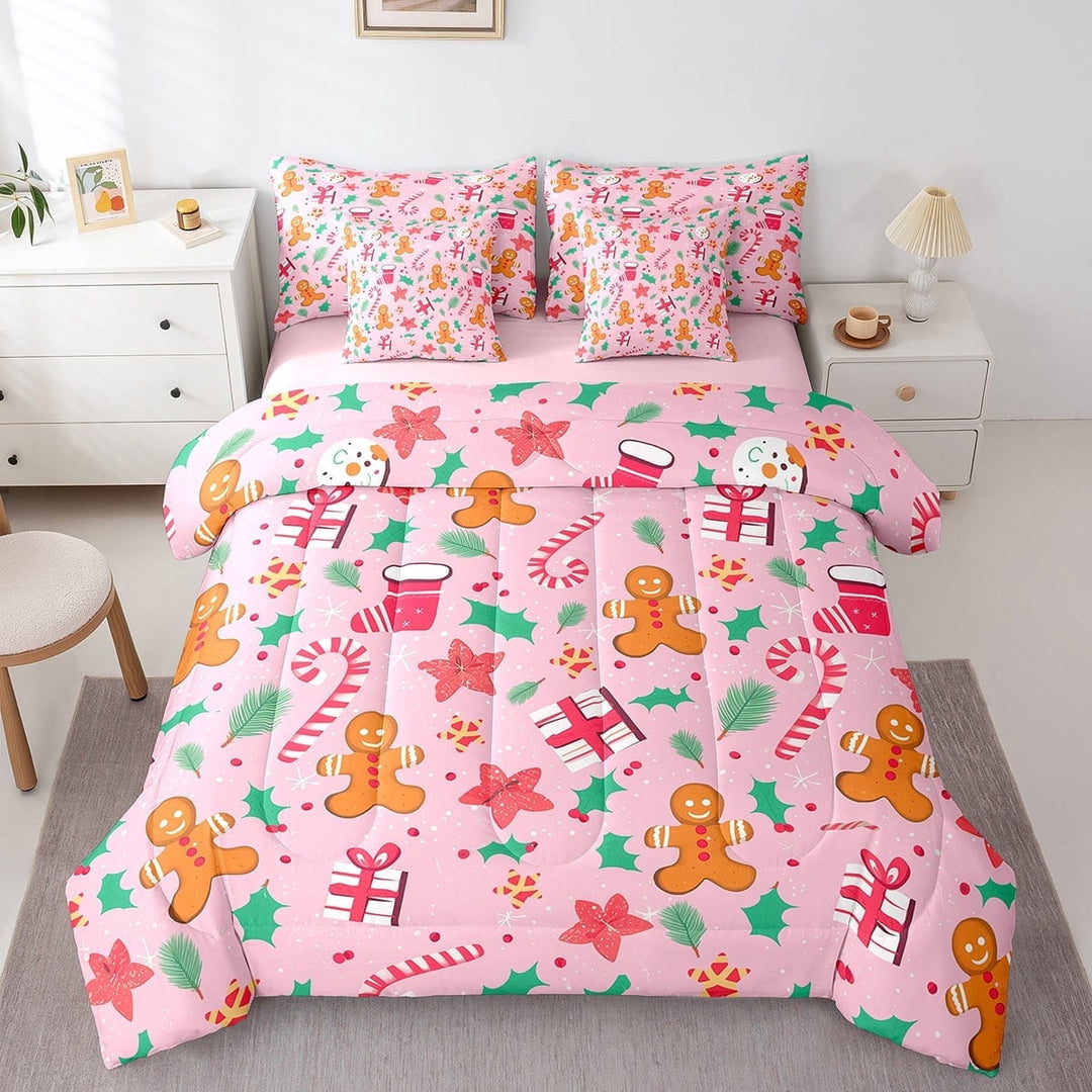 7Pcs Gingerbread Christmas Comforter Twin,Christmas Tree Xmas Gifts Bedding Sets Christmas Socks Bed Set With Flat Sheet And Fitted Sheet,Xmas Bedding Set With Pillowcases &amp; Throw Pillow Covers