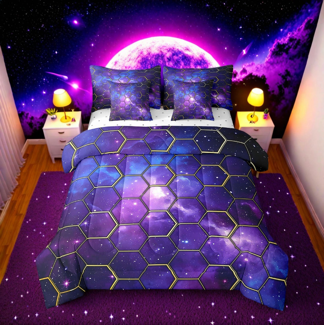 Erosebridal Galaxy Starry Sky Bedding Sets Twin Size,Geometric Hexagon Comforter Sets with Sheets,Psychedelic Universe Bedroom Decor,Reversible,7pcs