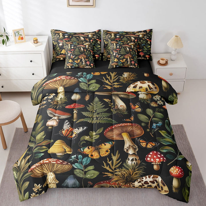 Mushroom 7 Piece Comforter Set King Size,Natural Botonical Wild Plants Bed in a Bag with Flat Sheet and Fitted Sheet,Retro Jungle Butterfly Wildlife Bedding Set with Pillowcase &amp; Sham