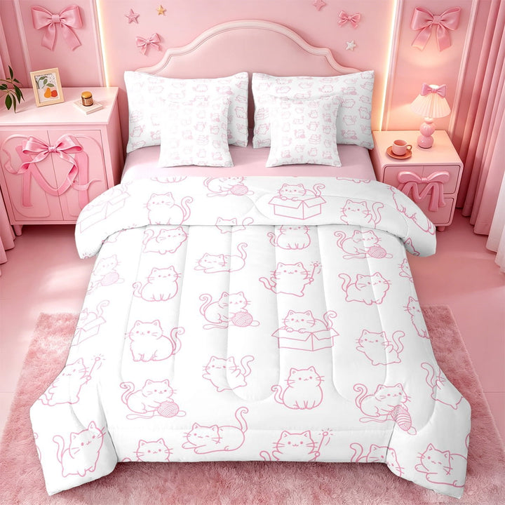 meiyoeat Pink Cute Cat Pattern 7 Pieces Full Size Bedding Sets,Girly Kitten Print Full Size Bed in a Bag For Girl,Reversible