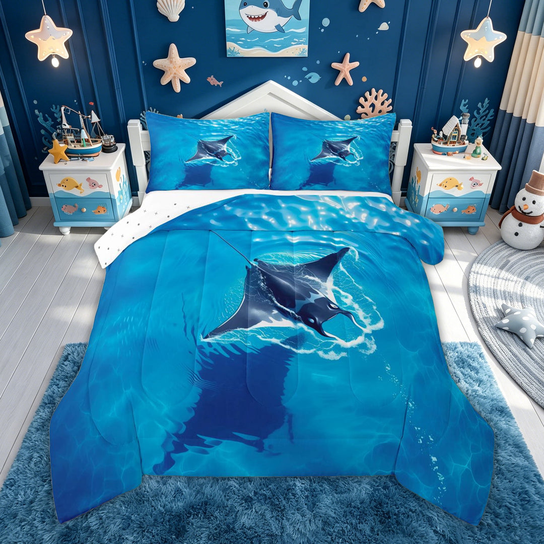 meiyoeat Sea Manta Ray Full Size Comforter Sets for Men Boys, Sunlight Wave Wildlife Bedding Comforter Set, Blue, Reversible, 3-Piece, 1 Comforter and 2 Pillowcases