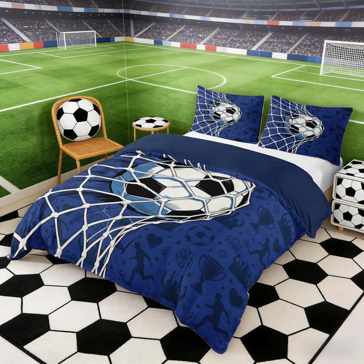 Erosebridal Comic Soccer Goal Net Queen Duvet Cover Set, Sport Bedding for Boys and Girls, Navy Reversible 3pcs, 1 Duvet Cover and 2 Pillowcases