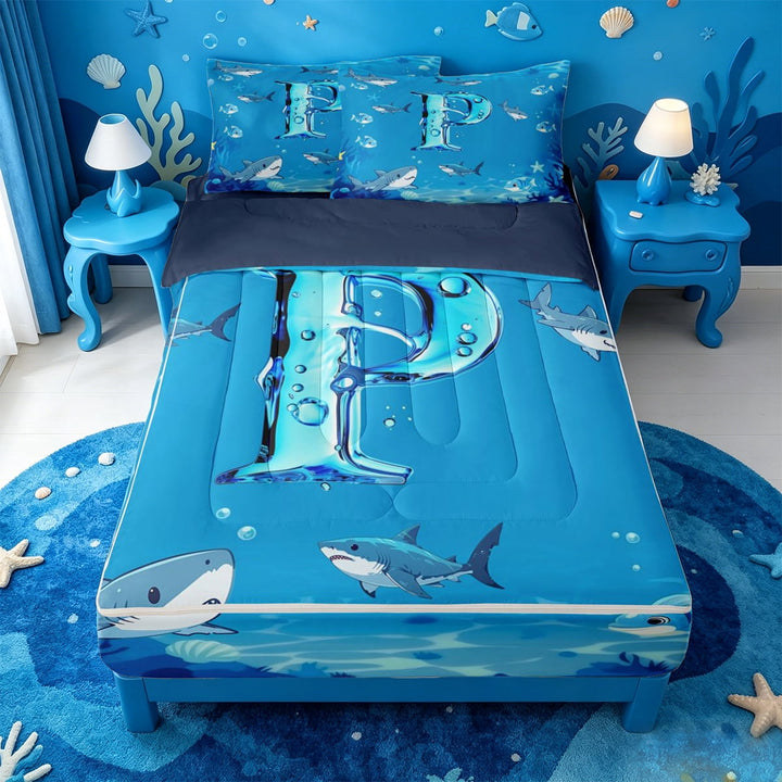 meiyoeat Sea Themed Monogram P Zipper Full Size Comforter Sets with Fitted Sheet and 2 Pillowcases For Boys,Ocean Animal Shark Zipper Bedding Set,Navy Blue Reversible,4 Pieces