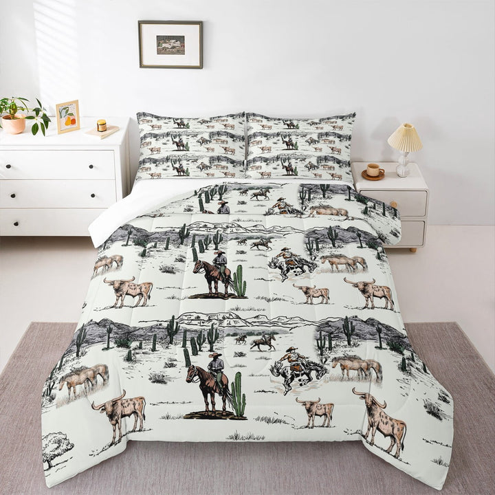 Western Cowboy Comforter Set Full Size,Vintage Southwest Style Quilt Set Desert Cactus Cow Horse Animals Bedding Set Adult Room Decor,Grey Brown White Duvet Insert