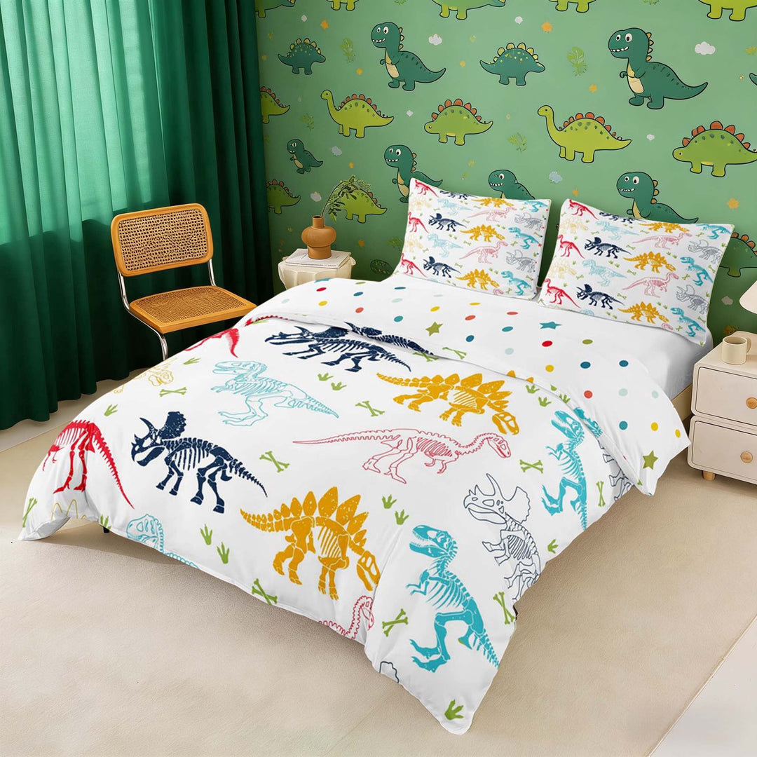 Erosebridal Colorful Dinosaur Duvet Cover Set for Kids, White Bedding Full, Reversible 3pcs 1 Duvet Cover and 2 Pillowcases (No Comforter)