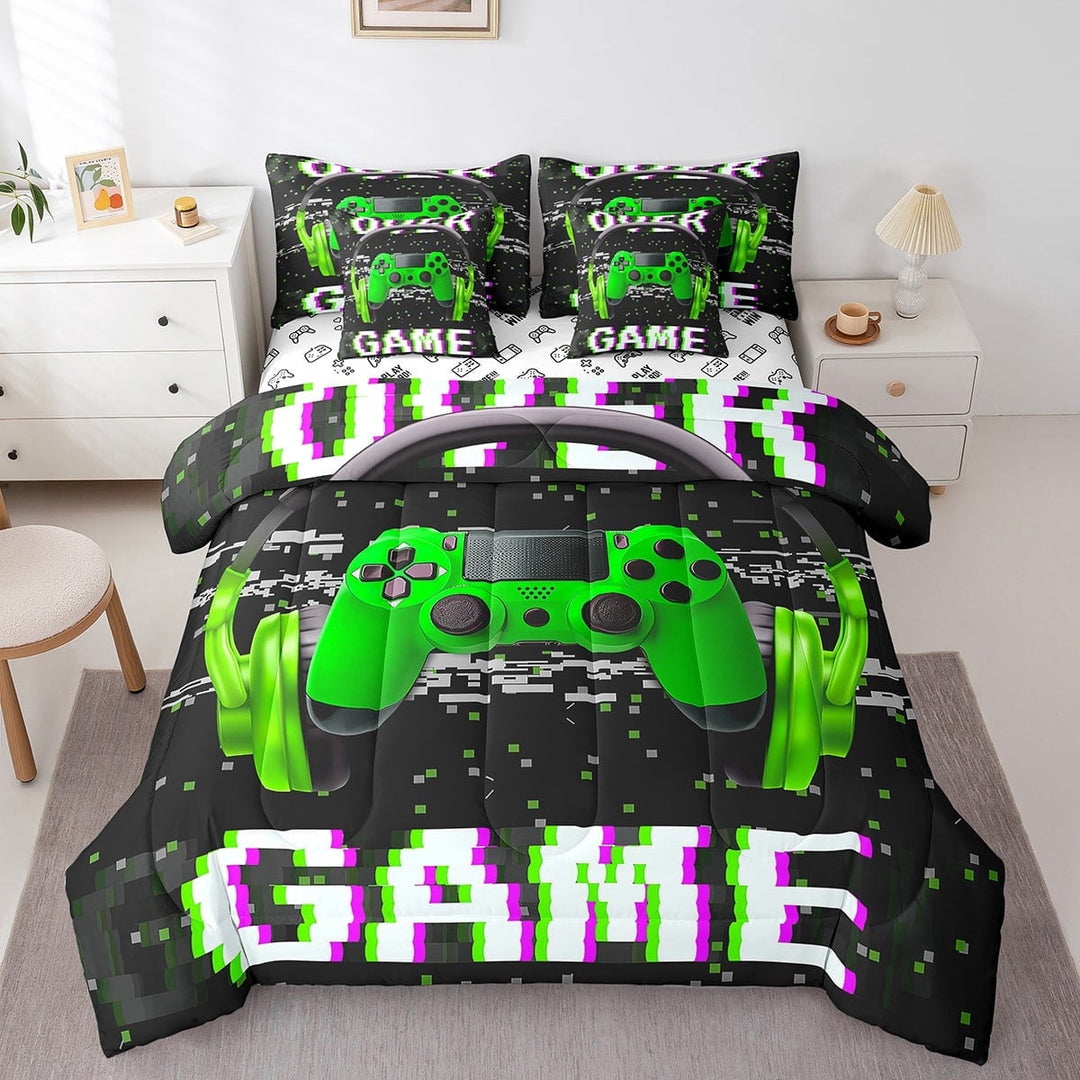 Green Gaming Headsets Bed in a Bag King Size Comforter Set 7 Pieces,Pc Gamer Bedding Sets Video Game Sheet Set with Comforter