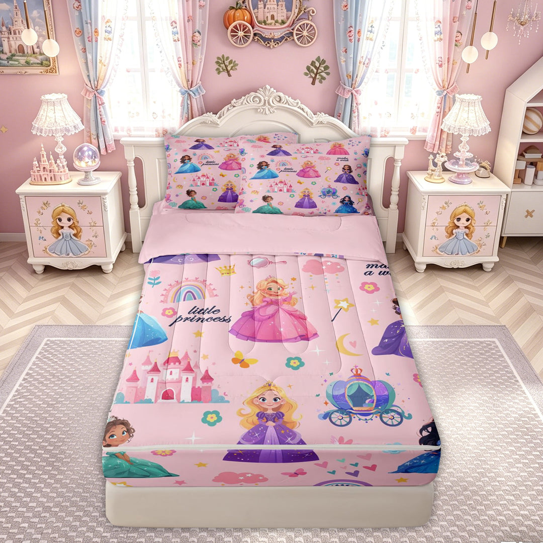 meiyoeat Cute Princess Castle Zipper Full Size Comforter Sets with Fitted Sheet and 2 Pillowcases for Kids Girls, Magical Rainbow Flower Zipper Bedding Set, Pink, Pink ReversibleG