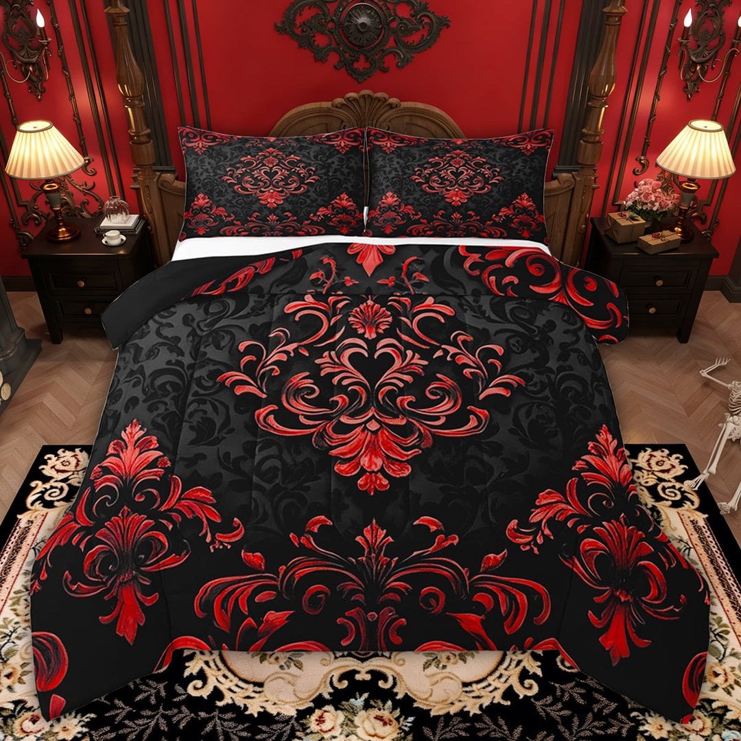 Manfei Bohemian Damask Comforter Sets Full Size, Black Red Comforters &amp; Duvets, Victorian Flower Bedding Full Comforter Set, Breathable Bedroom Decoration, 3-Piece Reversible