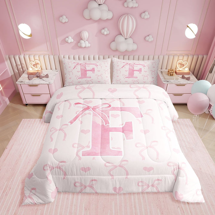 Erosebridal Girly Fairly Bedding Sets Twin with Comforter, Romantic Initial F Duvet Insert, Kawaii Pink Bowknot, Reversible 2pcs