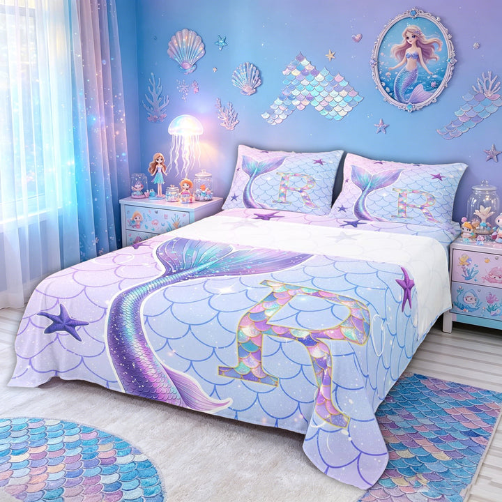 meiyoeat Mermaid Princess Scale Bed Sheets for Girls, Sparkle Initial R Full Size Sheets for Kids, Purple Blue, 4-Piece, 1 Flat Sheet, 1 Fitted Sheet and 2 Pillowcases