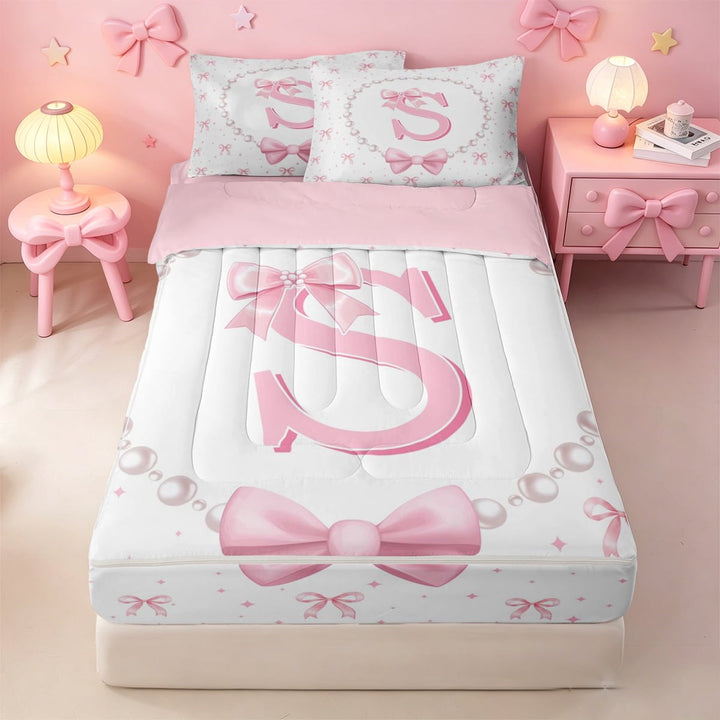 meiyoeat Pink Coquette Bowknot Zipper Twin Comforter Sets with Fitted Sheet and 2 Pillowcases For Girls,Kids Personalized Letter S Print Zipper Bedding Set,Pink Reversible,4 Pieces