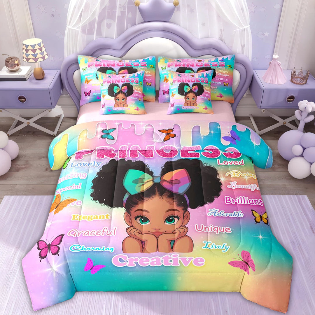 Erosebridal Bowknot Princess Kids Twin Bedding Sets, Watercolor Butterfly Bedding Comforter Set, 7-Piece