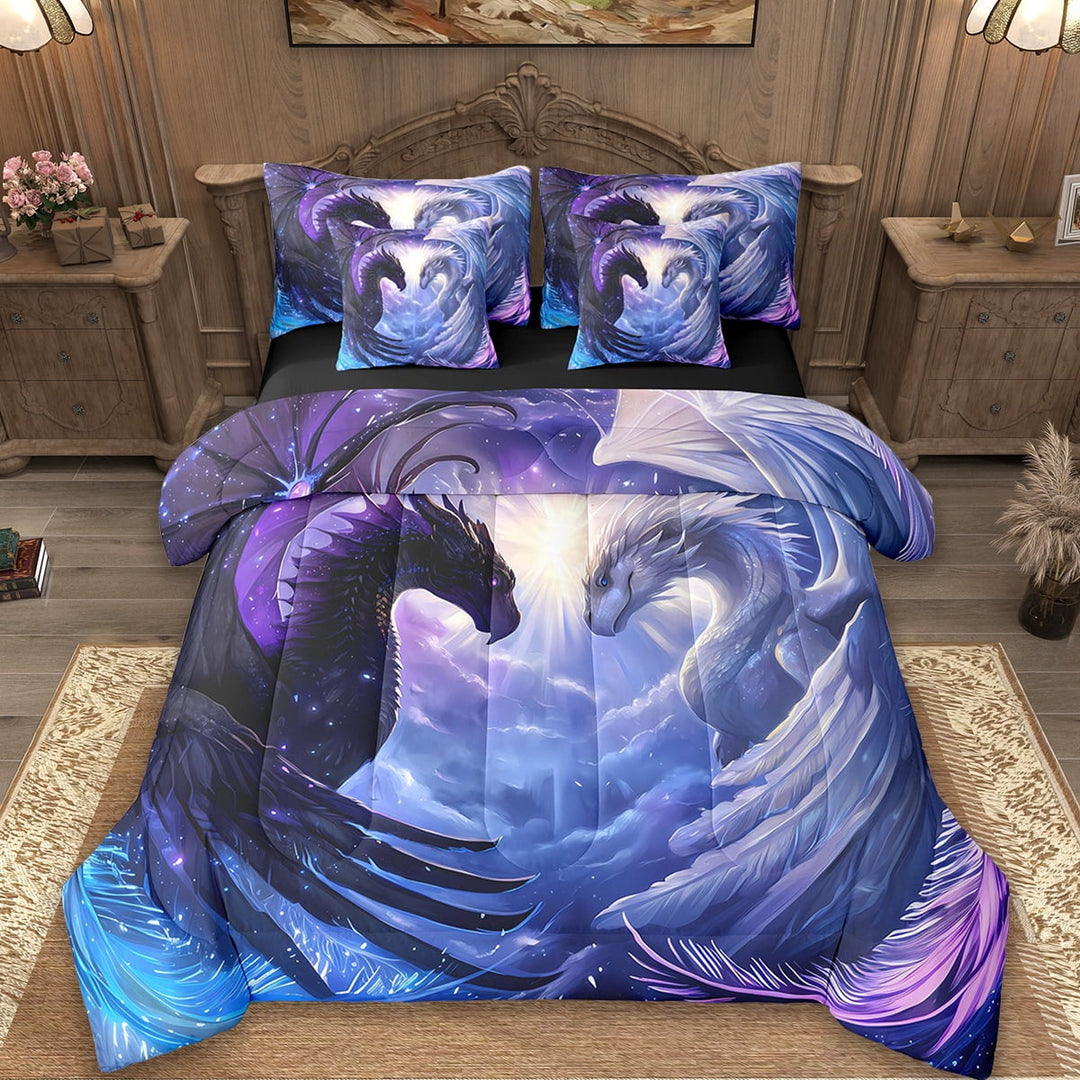 Erosebridal Magic Dragon Wildlife Bedding Sets Queen Size,Animal Wings Comforter Sets with Sheets,Gradient Purple Blue Cloud Bed in a Bag Queen Size,Super Cozy Room Decoration Reversible,7 Pieces
