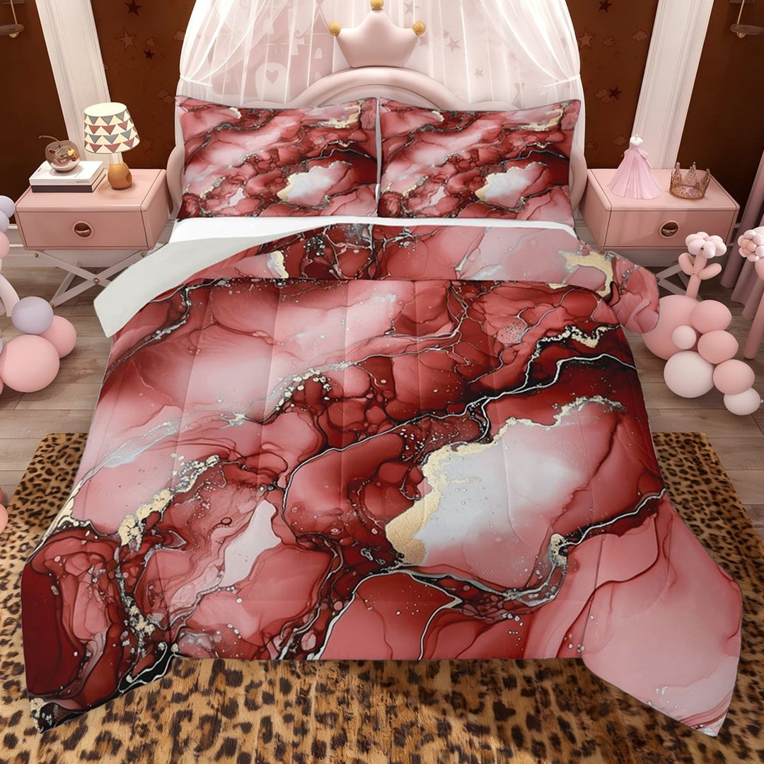 Erosebridal Red Marble Full Size Comforter Sets, Gold Metalic Bedding Sets, Gray Reversible, 1 Comforter and 2 Pillowcases