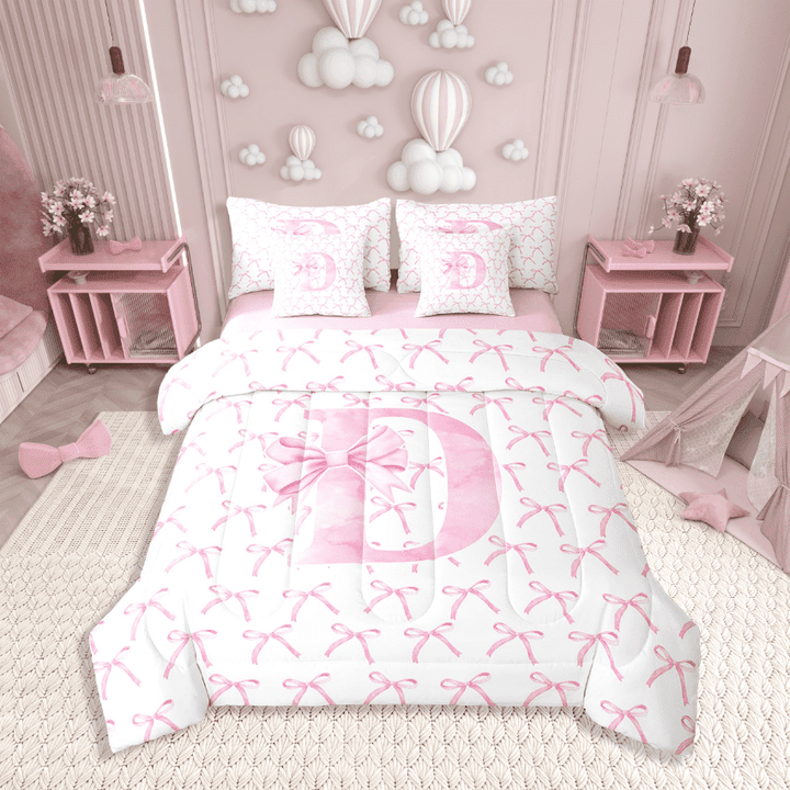 Erosebridal Initial Letter Bedding Sets Twin Size,Monogrammed Bowknot Comforter Sets with Sheets,Kawaii Decoration,Reversible,7pcs