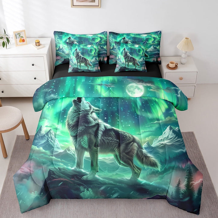 Erosebridal 7 Pieces Wolf Comforter Twin Size,Aurora Natural Dreamy Teen Bedding Comforter Set,Wildlife Animal Print Bed Set(1 Comforter+1 Fitted+1 Flat Sheet+2 Pillowcases+2 Throw Pillow Covers)