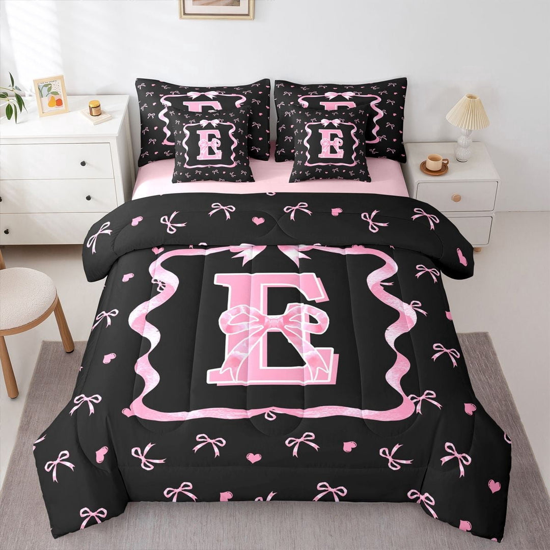 Erosebridal Kid Cute Ribbon Twin Bedding Sets 7-Piece, Initial E Letter Bedding Comforter Set, Pink Reversible