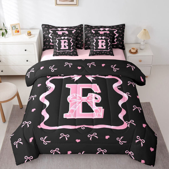 Erosebridal Kid Cute Ribbon Twin Bedding Sets 7-Piece, Initial E Letter Bedding Comforter Set, Pink Reversible
