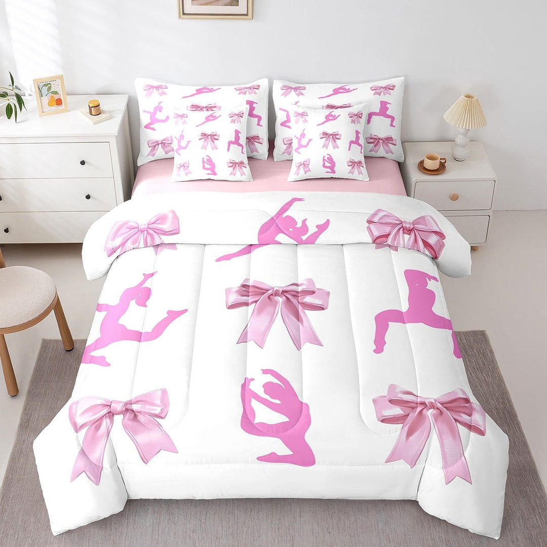 Erosebridal Gymnast Girl Bedding Sets Twin Size,Pink Bowknot Comforter Sets with Sheets,Dreamy Princess Bed in a Bag Twin size,Microfiber Bowknot Bedroom Decoration,Reversible,7pcs