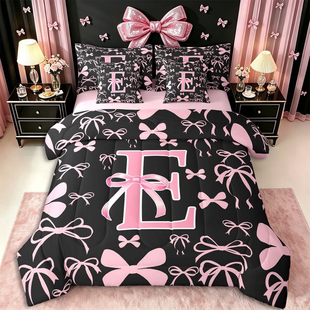 Erosebridal Letter Monogrammed E Twin Bedding Sets 7-Piece,Kawaii Ribbon Bow Bedding Comforter Set,Pink Reversible,Super Cozy Room Decor