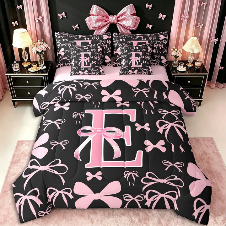 Erosebridal Letter Monogrammed E Twin Bedding Sets 7-Piece,Kawaii Ribbon Bow Bedding Comforter Set,Pink Reversible,Super Cozy Room Decor