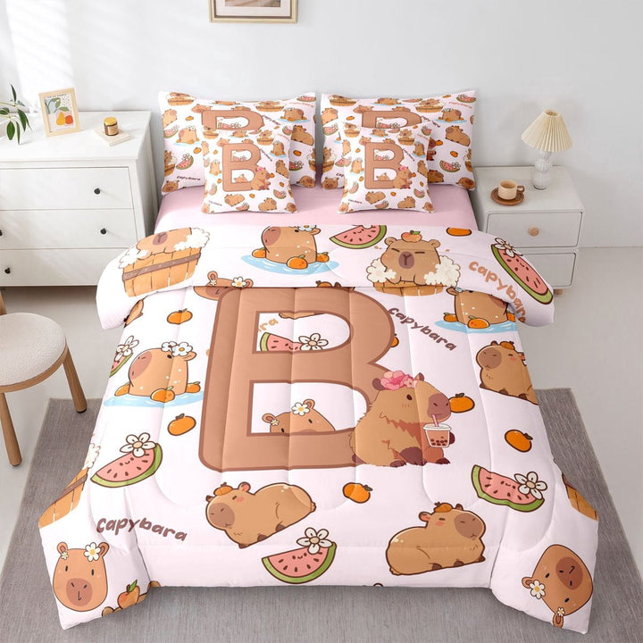 Erosebridal Girls Personalized Initial B Cute Capybara Twin Bedding Sets 7-Piece For Kids,Cartoon Fruit Orange Watermelon Flowers Bedding Comforter Set,Pink Reversible