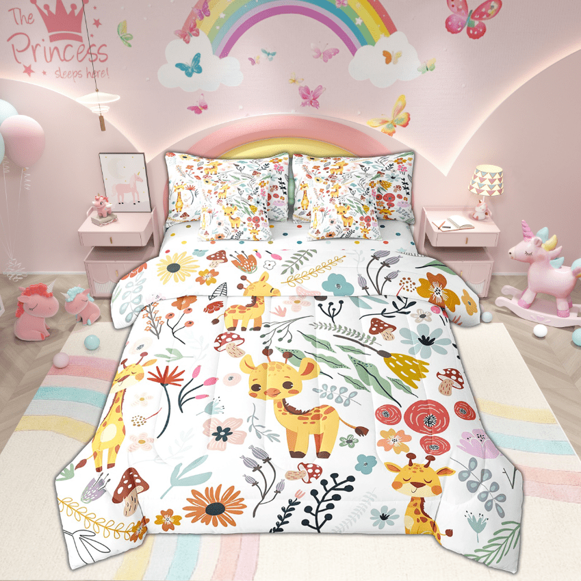 Kawaii Giraffe Comforter Set 7 Piece Bed in a Bag Twin,Mushroom Floral Cartoon Animal Bedding Sets Watercolor Flowers Leaves Sheet Set with Comforter